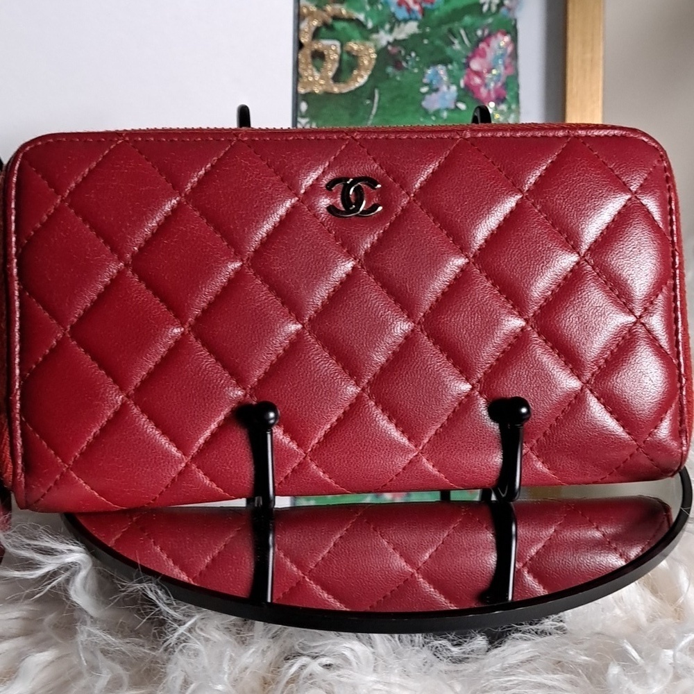 Chanel Red Quilted Cavier Zip Around Wallet With COA